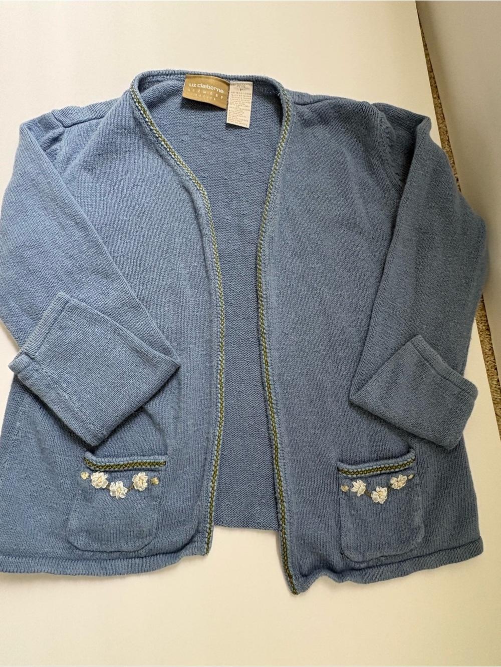 Liz Claiborne Light Blue Knit Cardigan with Olive Stitching